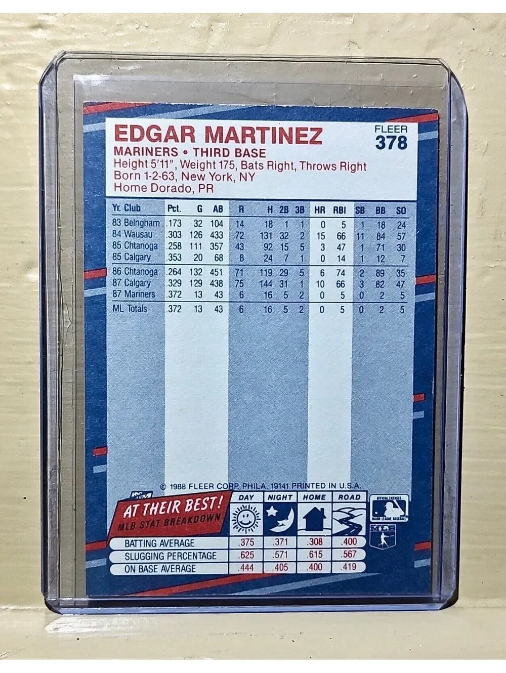 Edgar Martinez 1988 Fleer MLB #378 Baseball Card Seattle Mariners